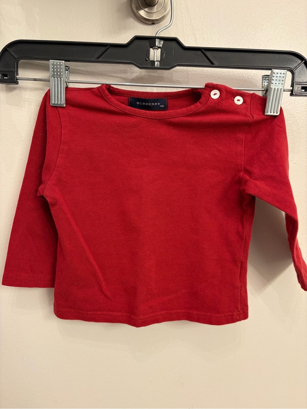 Baby Burberry Red Long Sleeve Teeshirt. Classic plaid on elbows 12 months